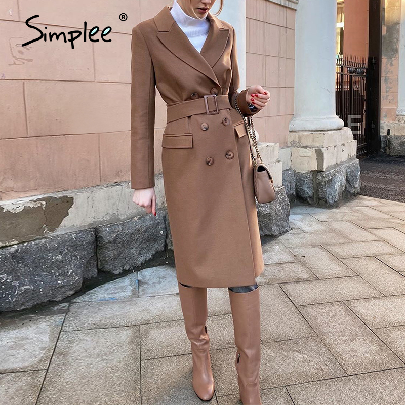 Simplee Straight double-breasted camel colour outwear Casual autumn winter long coat belt Elegant long woolen overcoat female 201216