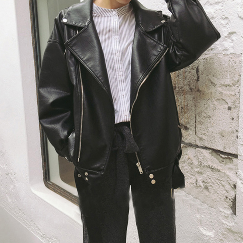 Bella philosophy Loose PU Faux Leather Jacket Women Classic Moto Biker Jacket Autumn Lady Basic Coat Fashion Black Outerwear 201026