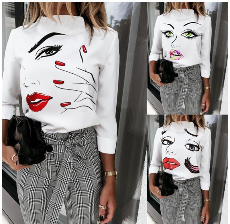 Women New Lips Print Blouse Shirts Elegant Ladies O-Neck Pullover Tops Autumn Long Sleeve Casual Shirt Blusa Streetwear 3XL 201201