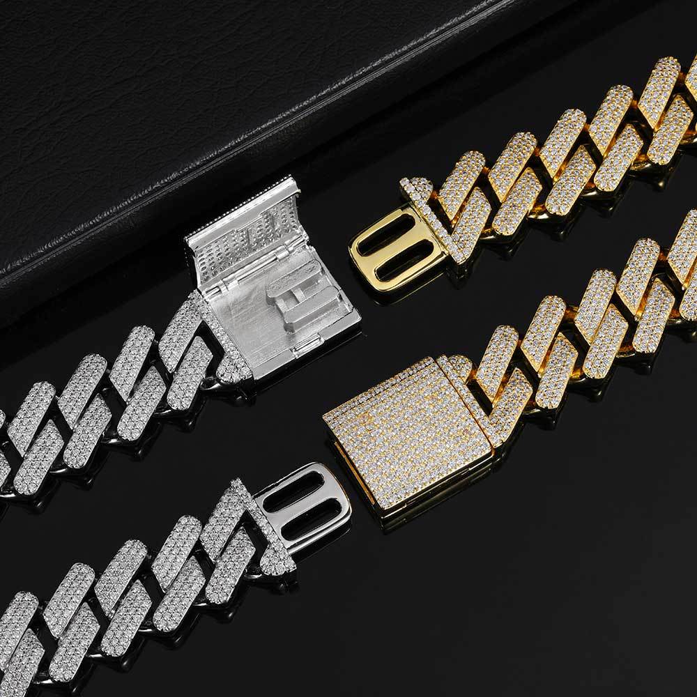 Men's Hip Hop Jewelry Necklace 20mm Thickened Diamond Cuban Chain Copper Inlaid Three Row Zircon Box Buckle Necklace
