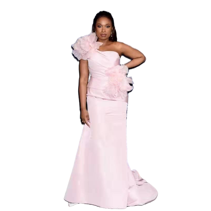 Blush Pink One Shoulder Mermaid Evening Dresses For Women 2022 Handmade Flowers Simple Satin Red Carpet Dress Long Special Occasion Dresses Prom Gowns