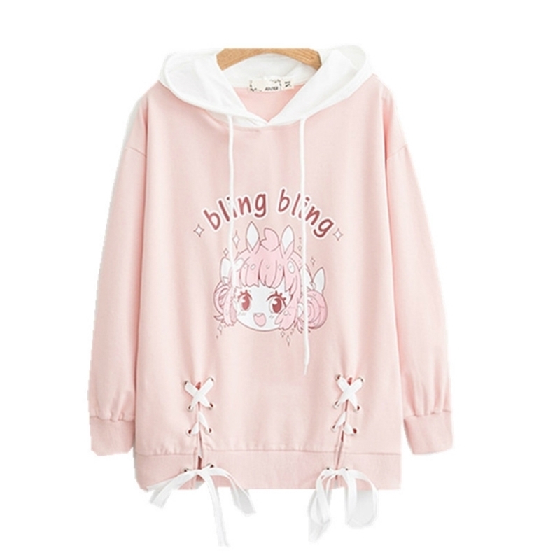 Merry Pretty Women Hooded Sweatshirts Cartoon Print Lace Up Pink Hoodies Sweet Style Girl Long Sleeve Drawstring Cute Pullovers 201217