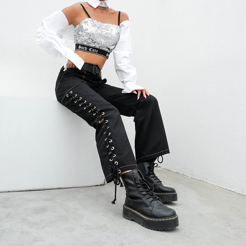 Rapwriter Streetwear Punk Side Cross Lace-up Straight Pant Black Women Cargo High Waist Pants Long Trousers Capris Pocket 201112