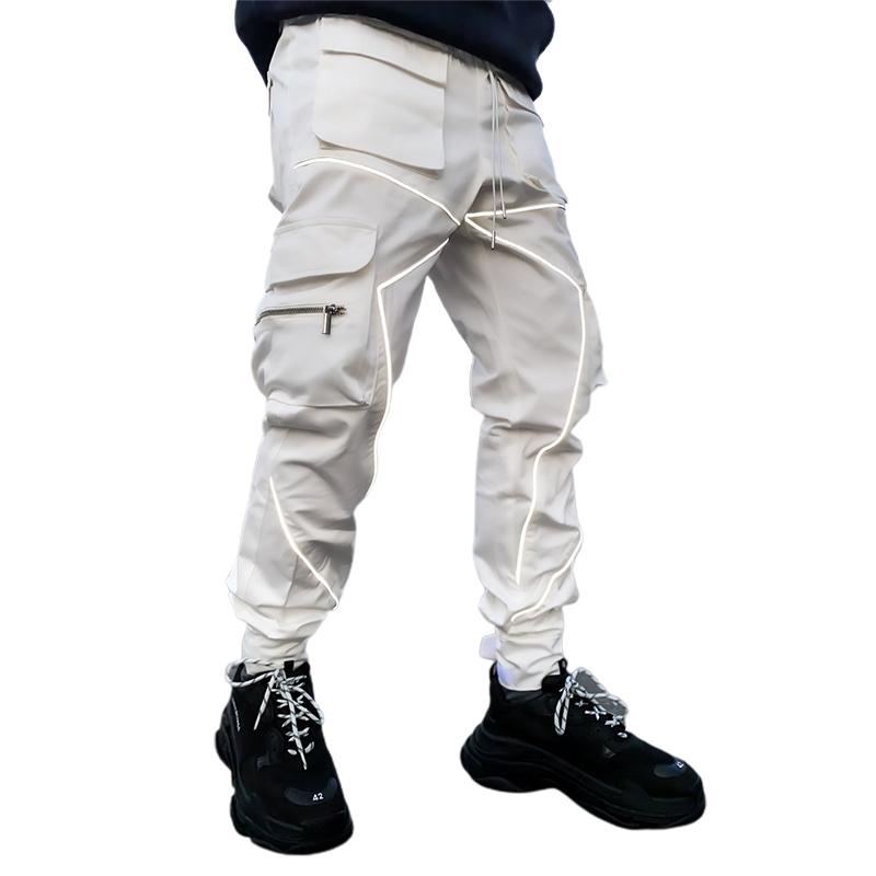 Men's Cargo Pants - Reflective Hip Hop Joggers, Casual Streetwear, Polyester, Khaki, Black, Blue, Army Green, White