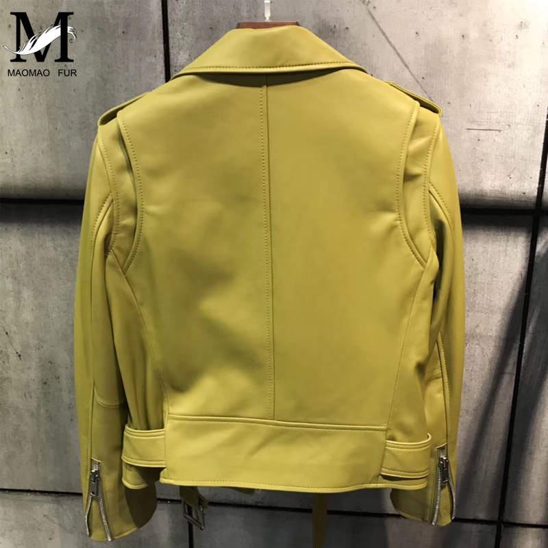 New Fashion Women Autumn Candy Color Leather Jackets Zipper Basic Sheepskin Coat Turndown Collar Biker Jacket With Belt 201030