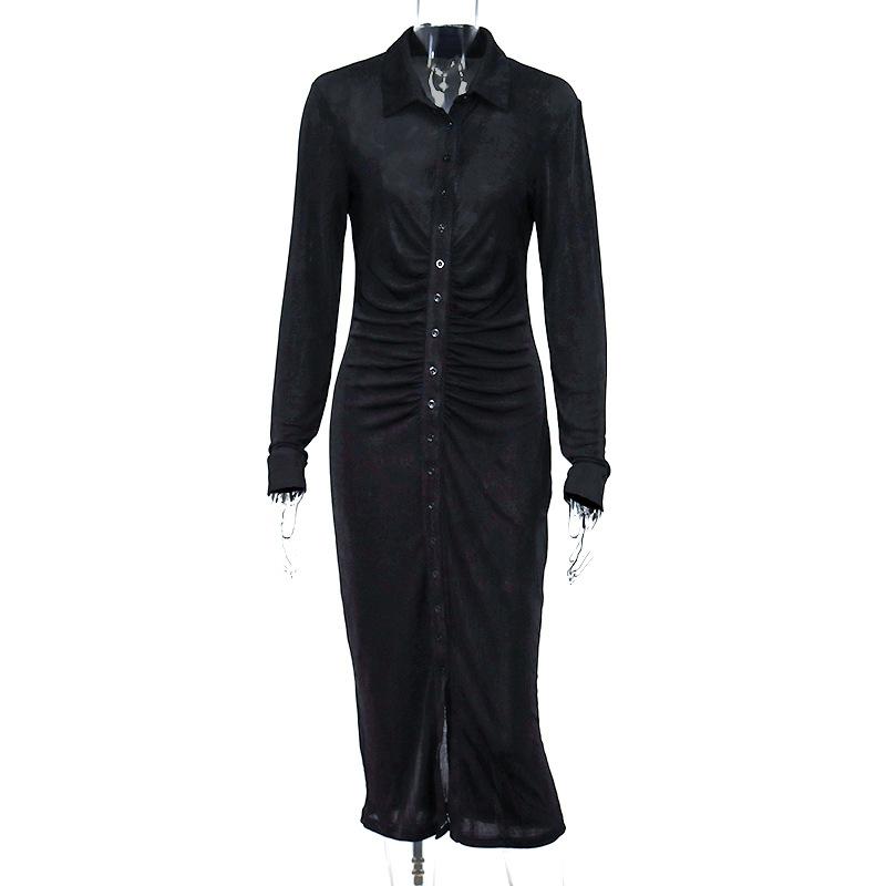 FANTOYE Ruched Turn-Down Collar Button Blouse Dress Women Sexy Long Sleeve Midi Dresses Elegant Black Skinny Female Vestidos1
