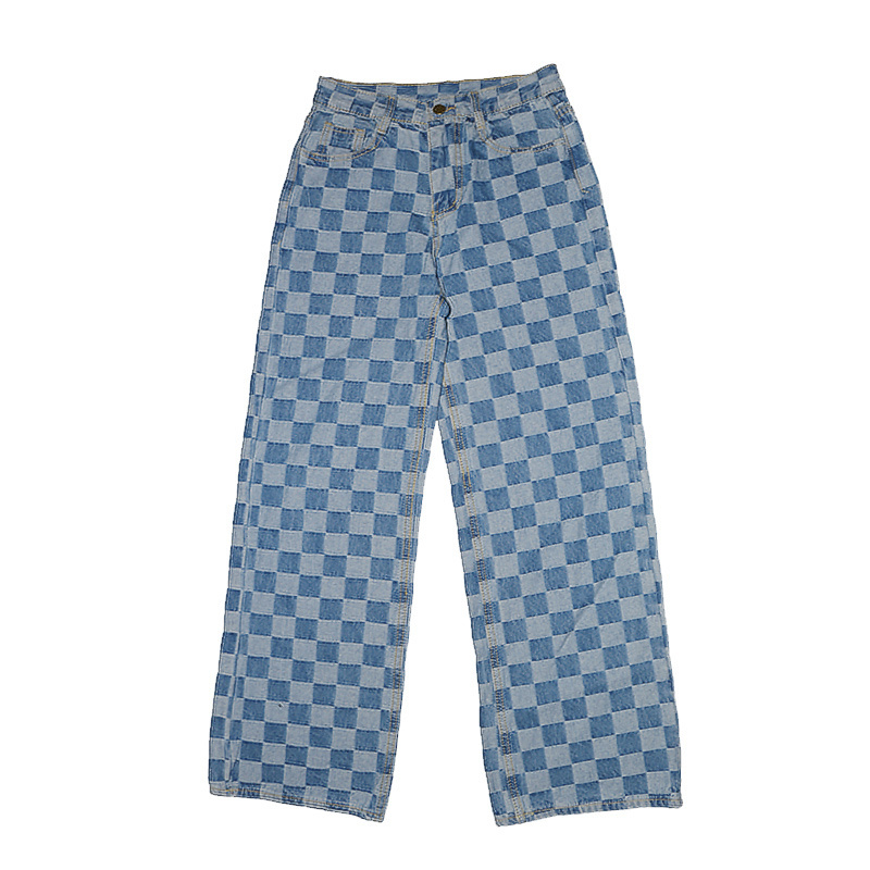 Blue Plaid jeans for women summer high waist wide Sexy Denim Loose ladies oversized jeans pants 201105