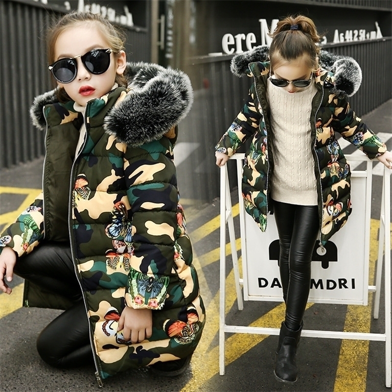 Girls' cotton jacket 3-11 years old children's down cotton jackets Printed cartoon butterfly camouflage girls winter jackets LJ201017