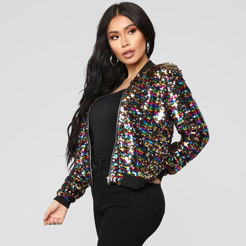Versear Women Bomber Jacket Colorful Sequin Glitter Bling Bling Long Sleeve Zipper Cool Street Club Wear Spring Autumn Outwear 201017