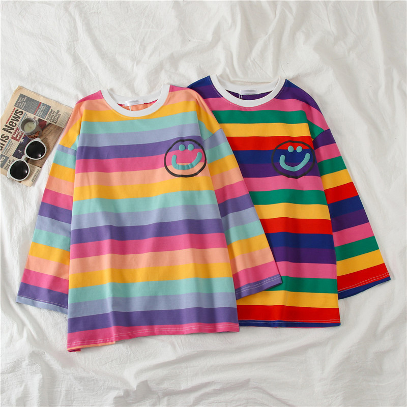 Long Sleeve O-Neck T-Shirt Women Rainbow Striped New T-Shirt Female Korean Loose Oversize Shirt Plus Size Top Fashion Casual Tee 201028