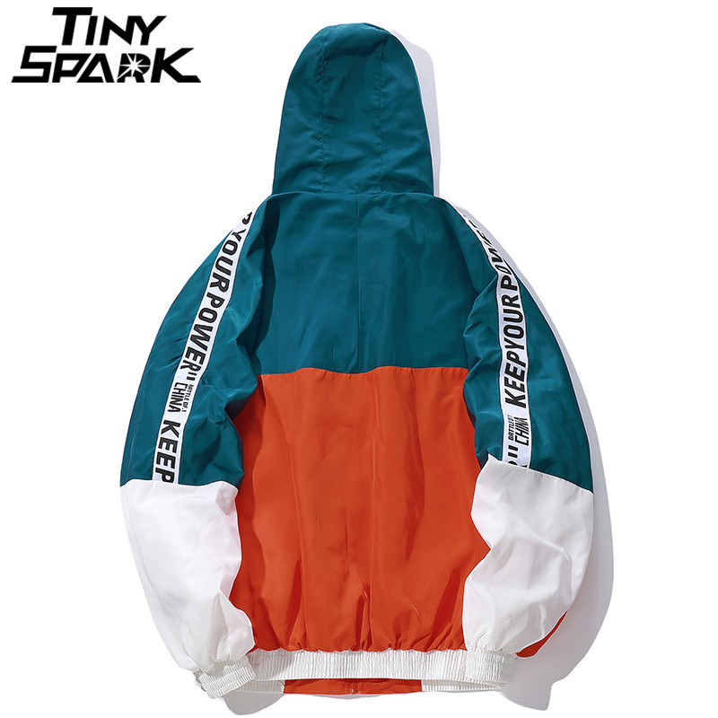 Hip Hop Mens Hooded Windbreaker Jacket Autumn Casual Vintage Color Block Loose Track Hoodie Jacket Coats Streetwear HipHop 201218