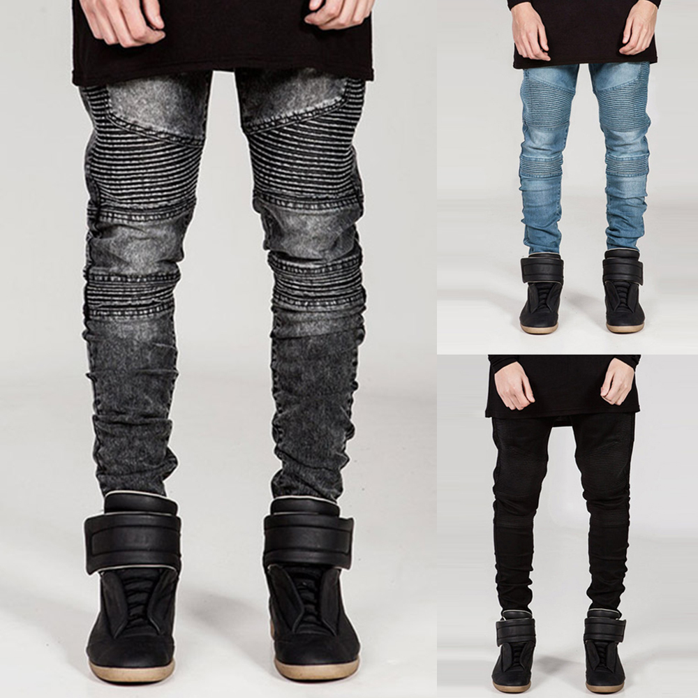 Black Motorcycle Biker Jeans Men Skinny Fit Denim Pants Hip Hop Men Stretch Denim Jeans homme Pencil Pleated Jeans TrousersQ30 201128