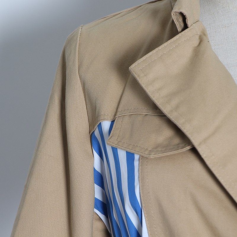 TWOTWINSTYLE Casual Patchwork Striped Trench Coat Female Lapel Collar Long Sleeve High Waist Lace Up Windbreaker Women Tide 201211