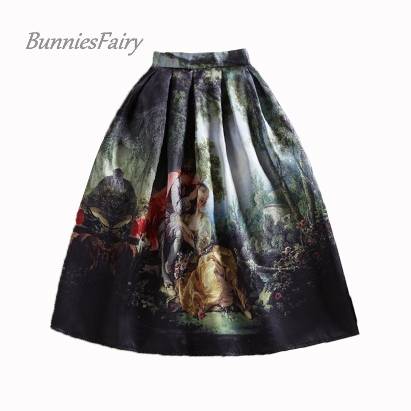 

BunniesFairy 50s Princess Royal Vintage Retro Fantasy Oil Painting Floral Print High Waist Midi Skirt Full Circle Saia Femininas Y200326, Gray