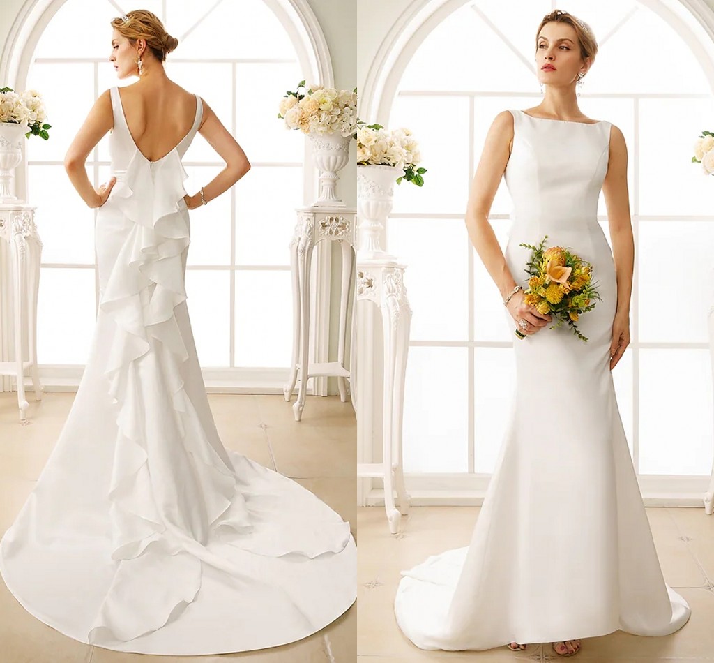 2022 Bridal Gown Trumpet Wedding Dress Bateau Neck Court Train Satin Straps Simple Backless with Cascading Ruffles Vestido De Noiva Robe De Mariage