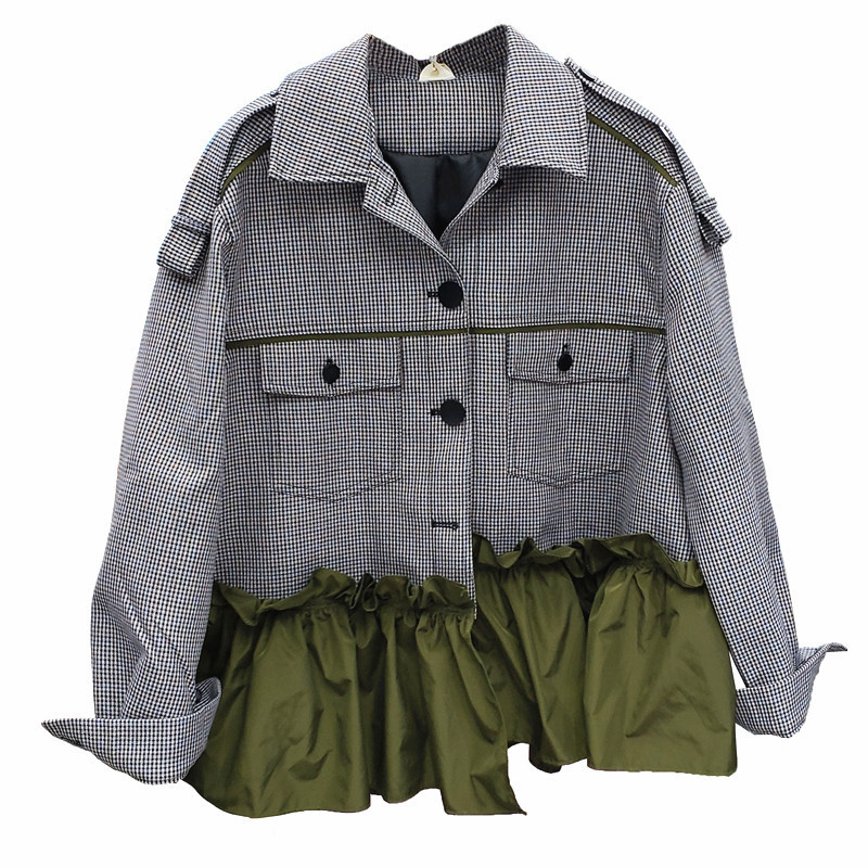 [EWQ] Autumn Long-sleeved Plaid Ruffle Stitching Bomber Jacket For Ladies Turn-down Collar Contrast Color Trend Overcoats 201026