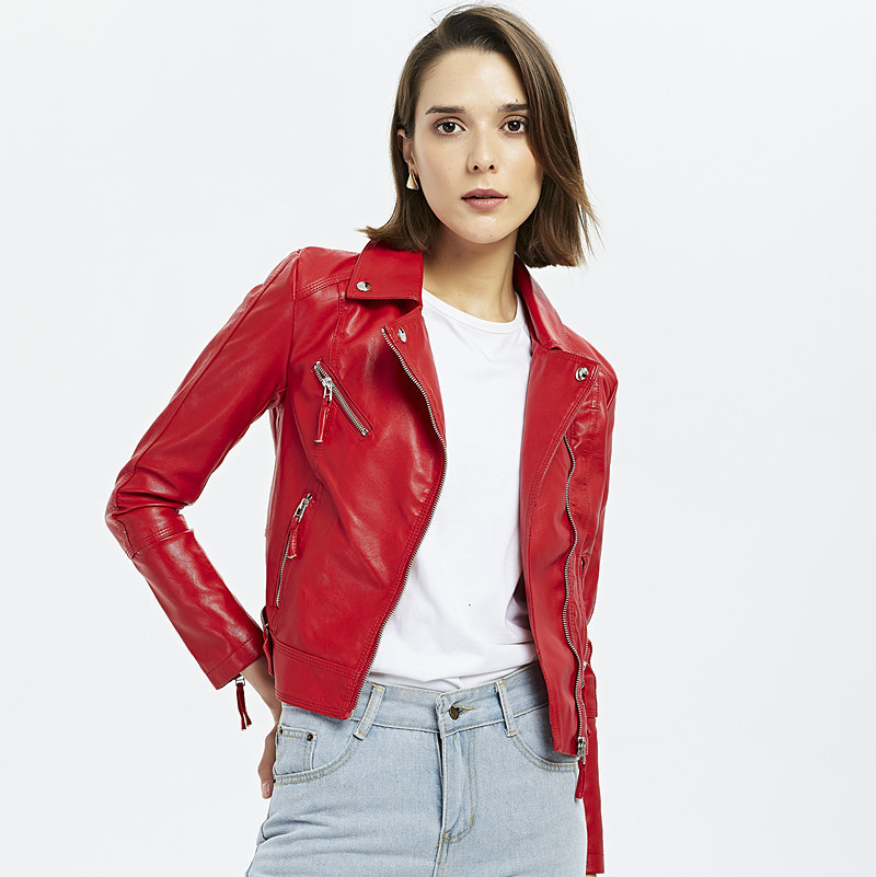 Autumn PU Faux Leather Jacket Women Short Red Black Female Soft Motorcycle Jackets Ladies Fashion Bike Zipper Coat Clothing 201030