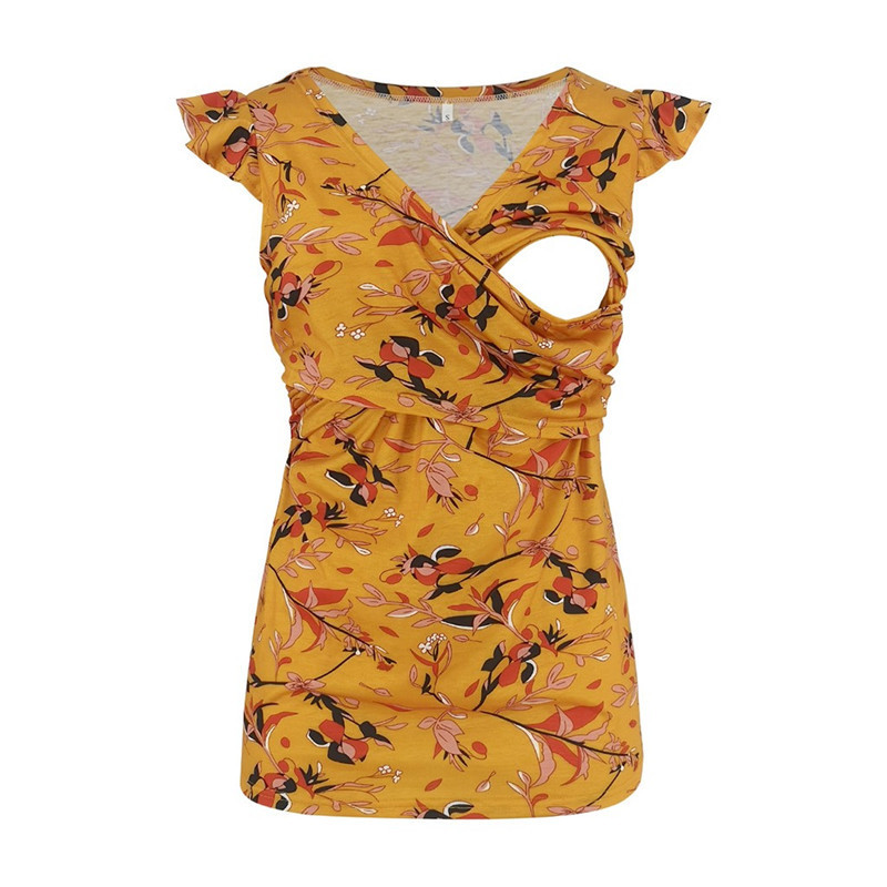 Nursing Top Women Maternity Fly Sleeve Floral Print Nursing Tops T-shirt For Breastfeeding Ropa Para Embarazada Pregnancy Shirt LJ201123