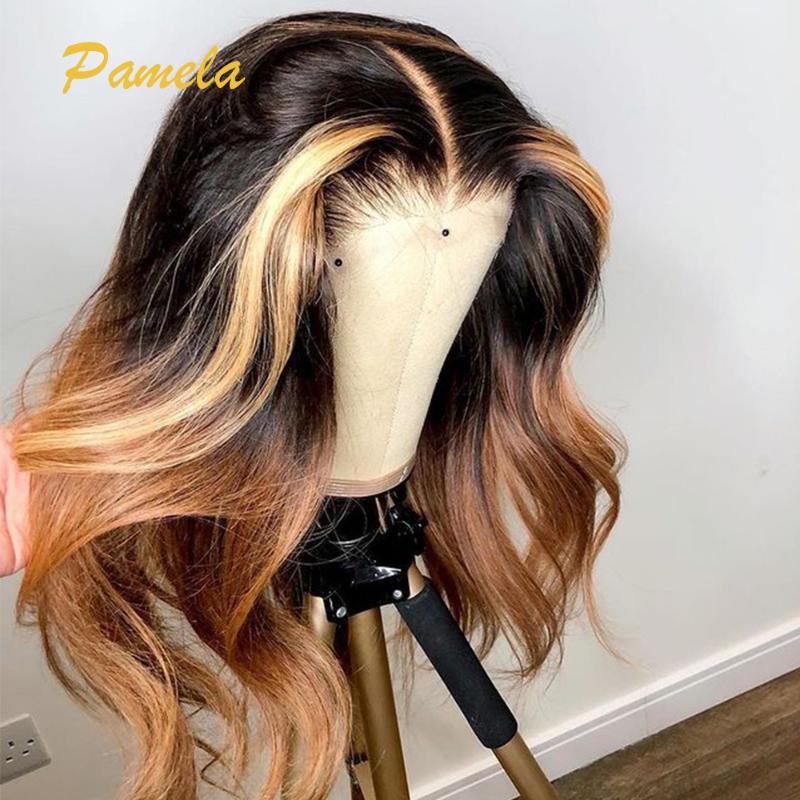

Blonde Lace Front Wig Pre Plucked 13x4 Lace Frontal Wig Body Wave 150% Density 1b/27/30 Ombre Blonde Front Human Hair, As pic