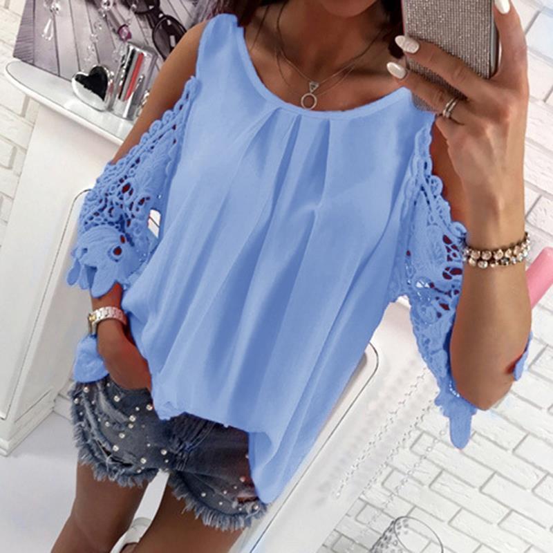 Women Blouse Shirt 2017 Summer Beach Casual Sexy Cold Shoulder Long Sleeves Hollow Out Ladies Mujer Tops Tee Ws1360y Y200930