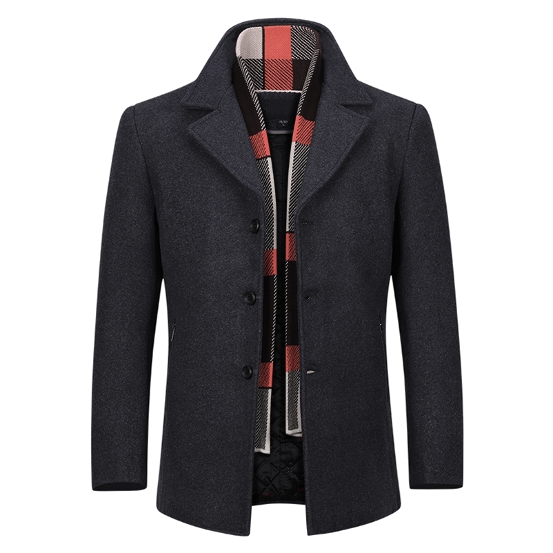 YOUTHUP Wool Men's Coat With Scarf Single Breasted Thick Coats Overcoats Topcoat Mens Fitness Coat Streetwear 4 Colors M-4XL 201222