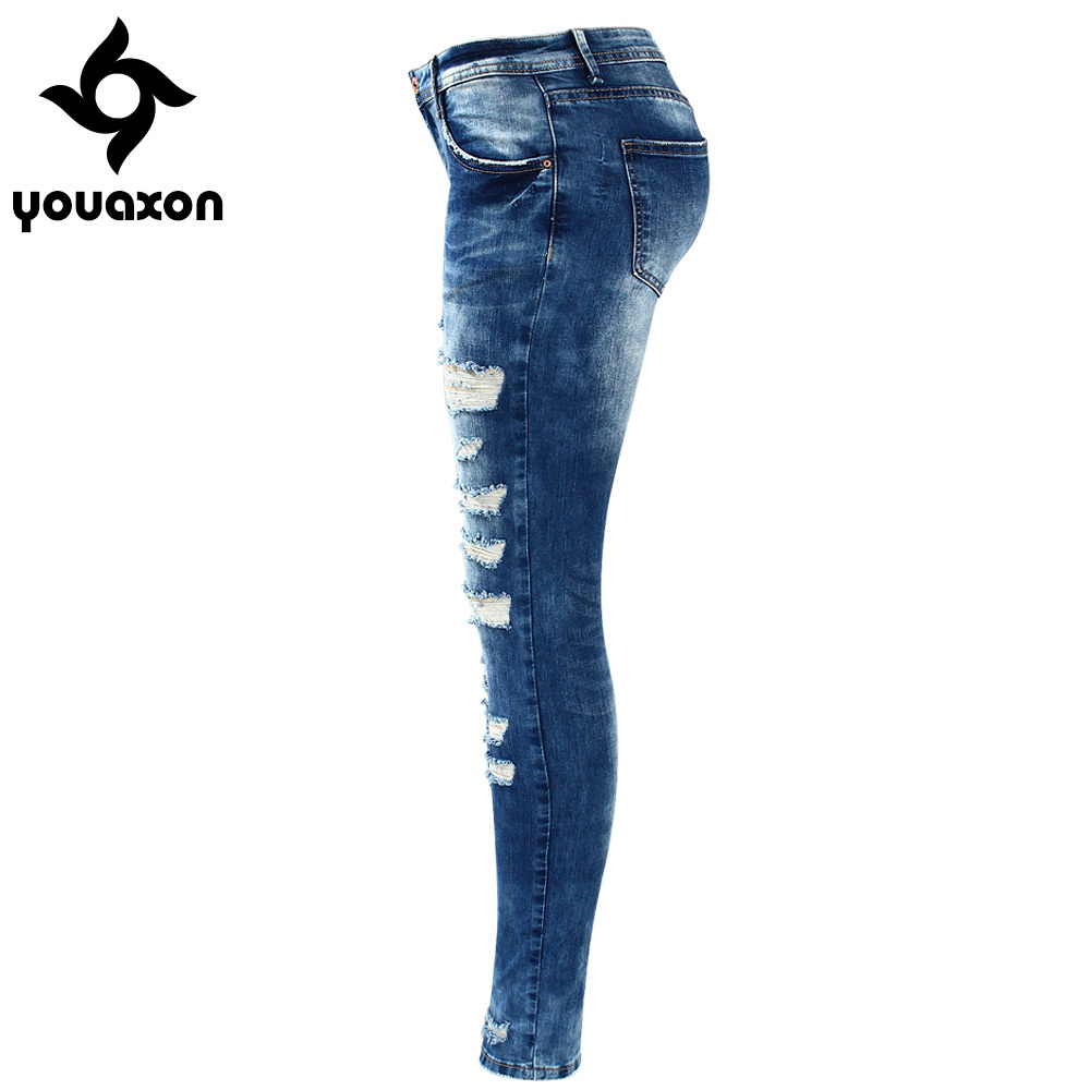 2045 Youaxon Women`s Fashion Blue Low Rise Skinny Distressed Washed Stretch Denim Jeans For Women Ripped Pants 201029