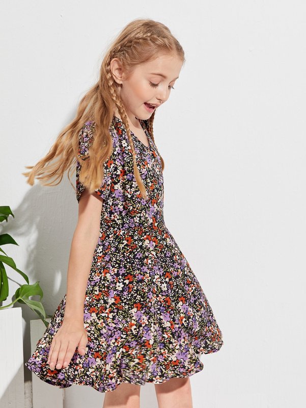 Girls Ditsy Floral Puff Sleeve Dress SHE