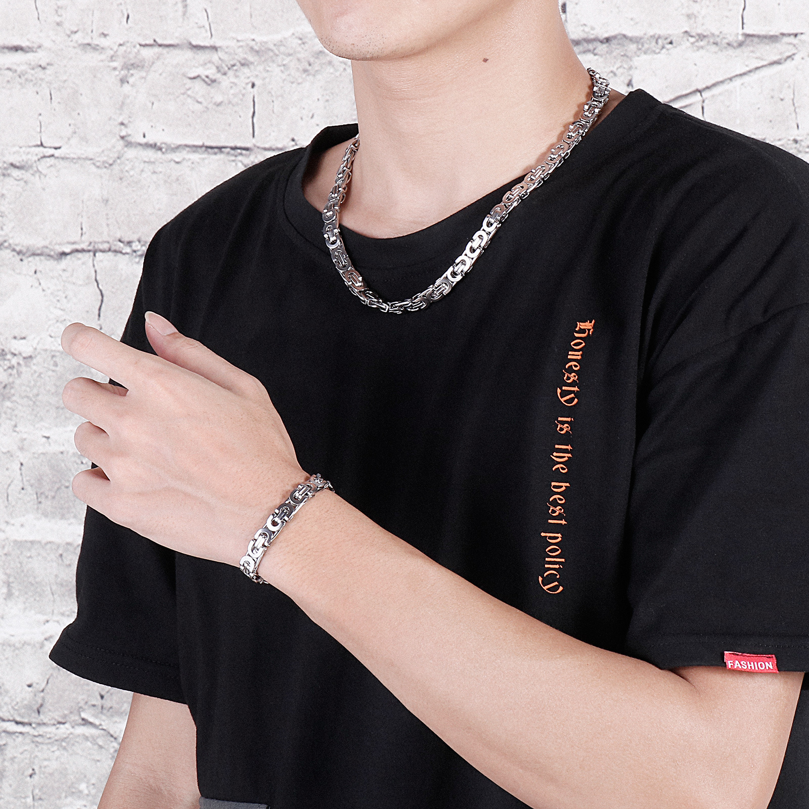 6mm wide 8''+ 20''Thin Silver/ Gold/ Black/ Silver+Black King Chain Stainless Steel Flat Byzantine Chain Necklace Bracelet Mens Wo