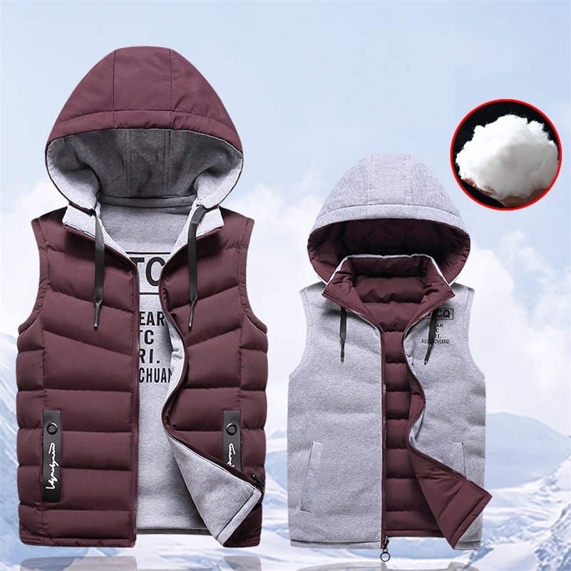 Casual Vest Jacket Men Both Sides Winter Fleece Vest Warm Hooded Waistcoat Sleeveless Jackets Male Hat Detachable Waistcoat Coat 201216