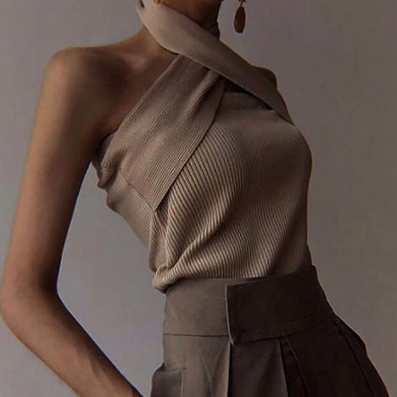 TWOTWINSTYLE Elegant Sleeveless Sexy Women Sweater Halter Off Shoulder Slim Knitted Tops Female Fashion Summer Clothes Tide 201221