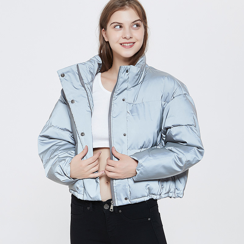Fluorescent Clothing Night Puffer Jacket Women Reflective Winter Thick Cropped Jacket Sexy Streetwear Crop Top Luminous Coat 201217