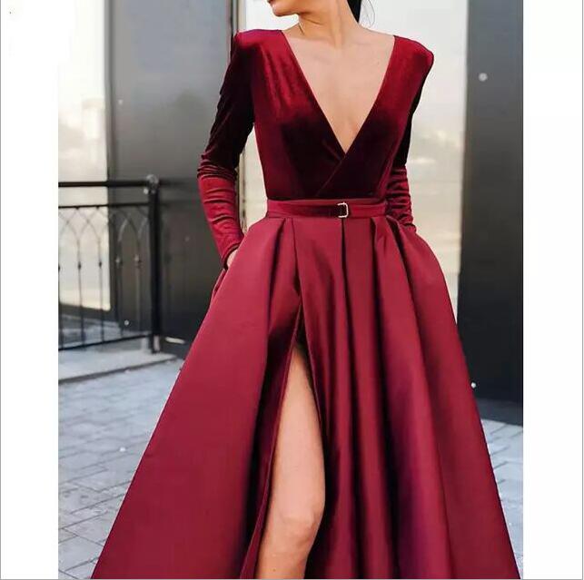 Vestido 2021 New Arrival Long Prom Party Evening Dresses Gown Satin Robe De Soiree Elegant Frock Sexy Side Slit Velour
