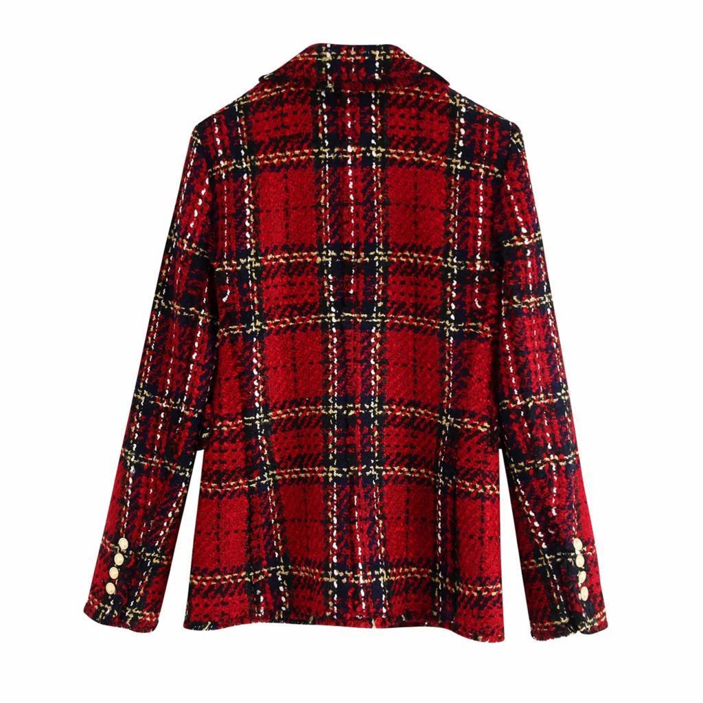 Vintage Double Breasted Tweed Blazer Women Notched Collar Long Sleeve Plaid blazer coat spring casual office suit jacket 201102