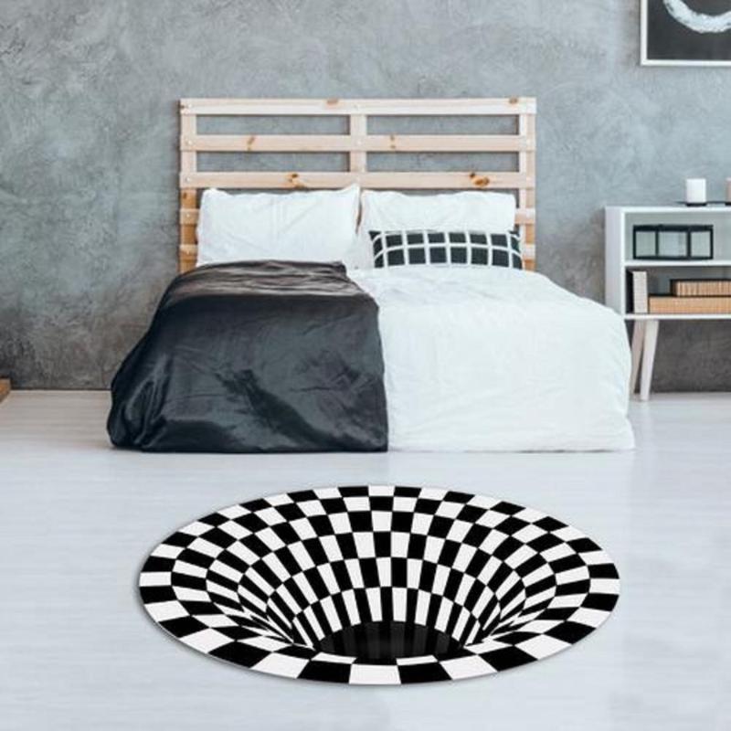 Round 3D Three-dimensional Black&White Stereo Vision Mat Living Room Doormat Sofa Illusion Carpets Abstract Geometric Elements, 40x40cm
