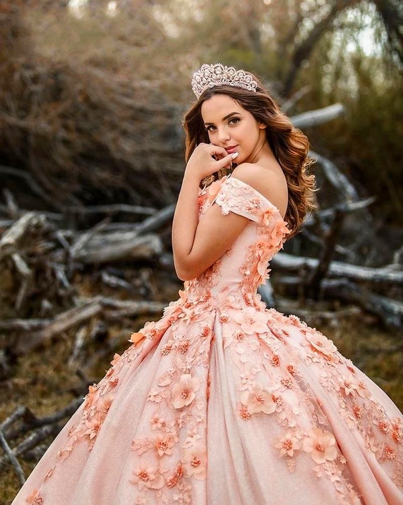 Peach Pink 3D Floral Quinceanera Dresses Off The Shoulder 2022 Appliques Flowers Beads Sweet 16 Dress Prom Party Ball Gowns Pageant Princess Vestidos 