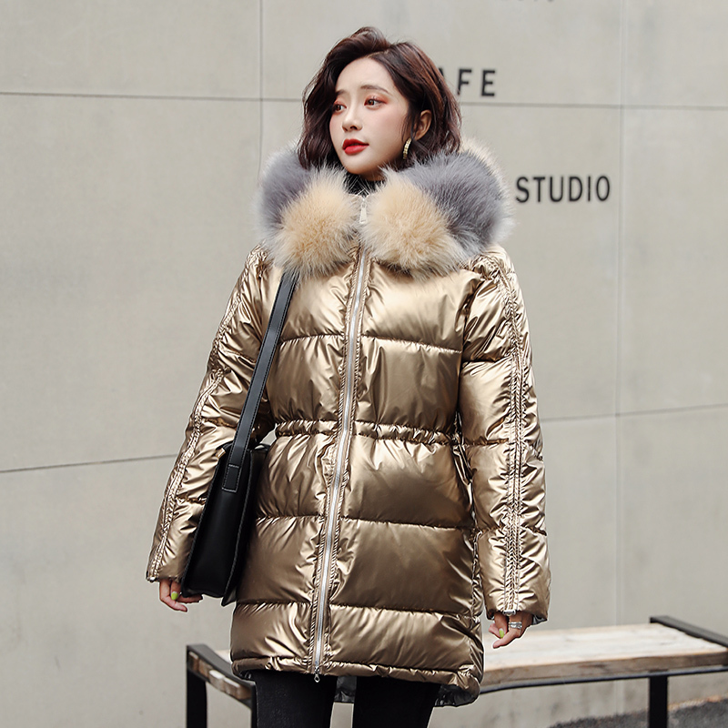 Women's Long Puffer Coat Solid Casual Winter Jacket Women Hooded With Fur Collar Shiny Cotton Padded Plus Size Thick Parkas 201019