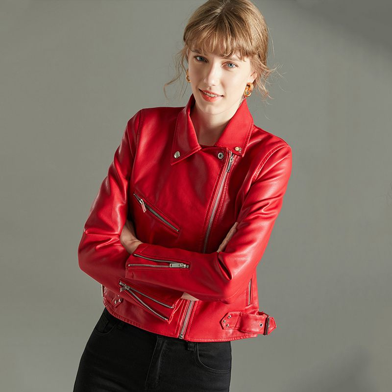 Ly Varey Lin Red Faux Soft Leather Basic Jackets Women Autumn Turndown Collar Rivet Zipper Biker Coat Faux Pu Motorcycle Jacket 201030