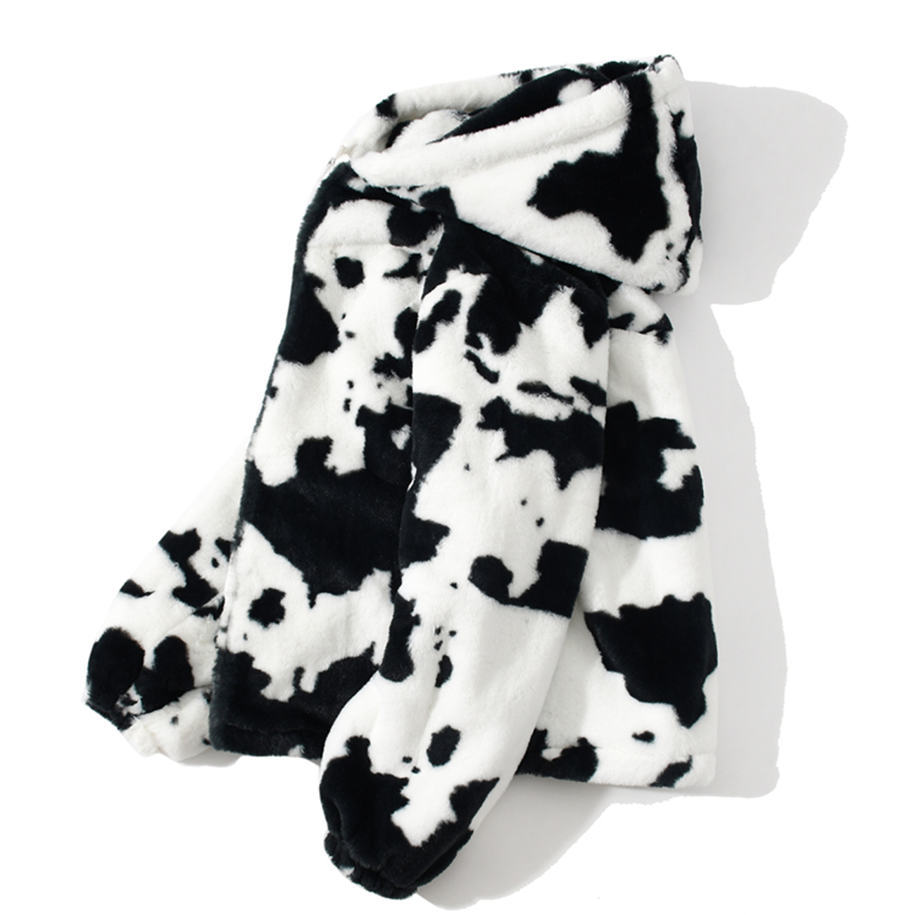 Men Streetwear Cow Print Zipper Cardigan Hooded Coats Autumn Winter Harajuku Loose Couple Coat Outwear Hoodie Lambswool Jacket 201218