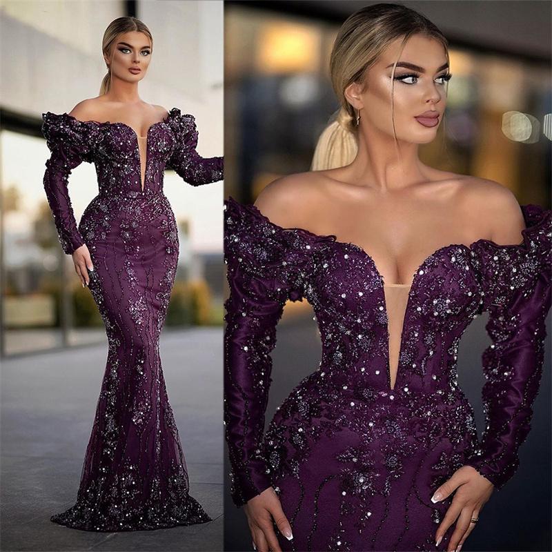 Elegant Grape Lace Mermaid Prom Dress Off Shoulder Appliques Beads Custom Made Puffy Party Gown For Arabic Women 2024
