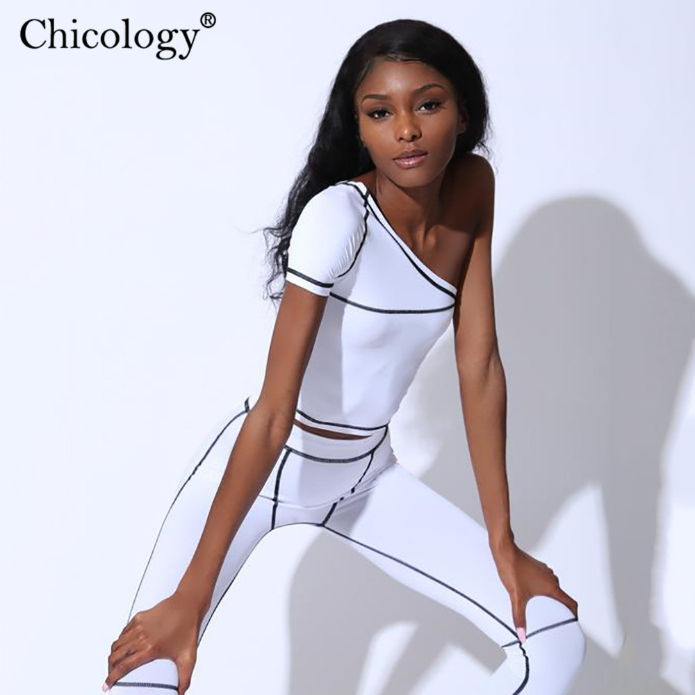Chicology one shoulder crop top long pants leggings patchwork line female 2 two piece matching set 2019 summer sexy women outfit T200603