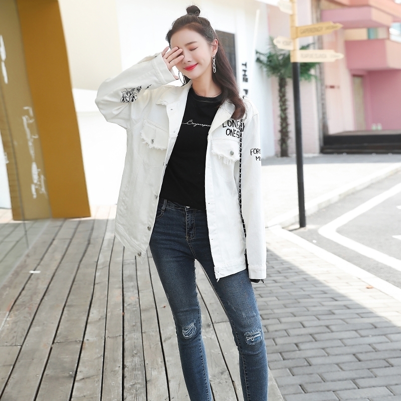 Cotton White Harajuku Doodle Autumn Jacket Coat Casual Letter Floral Print Long Sleeve Denim Couple Tops C07508B 201029