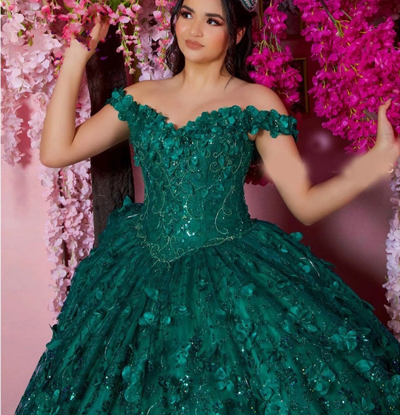 vestidos de xv años Emerald Green Quinceanera Dresses With Cloak Beading Floral Mexican Sixteen Princess Prom Gowns