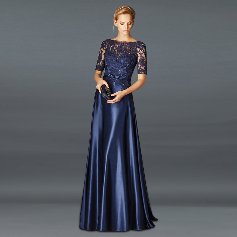 Elegant Navy Blue Mother Of The Bride Dresses A Line Satin Half Sleeves Appliques Long Groom Godmother Evening Dresses For Wedding Party vestidos Robe