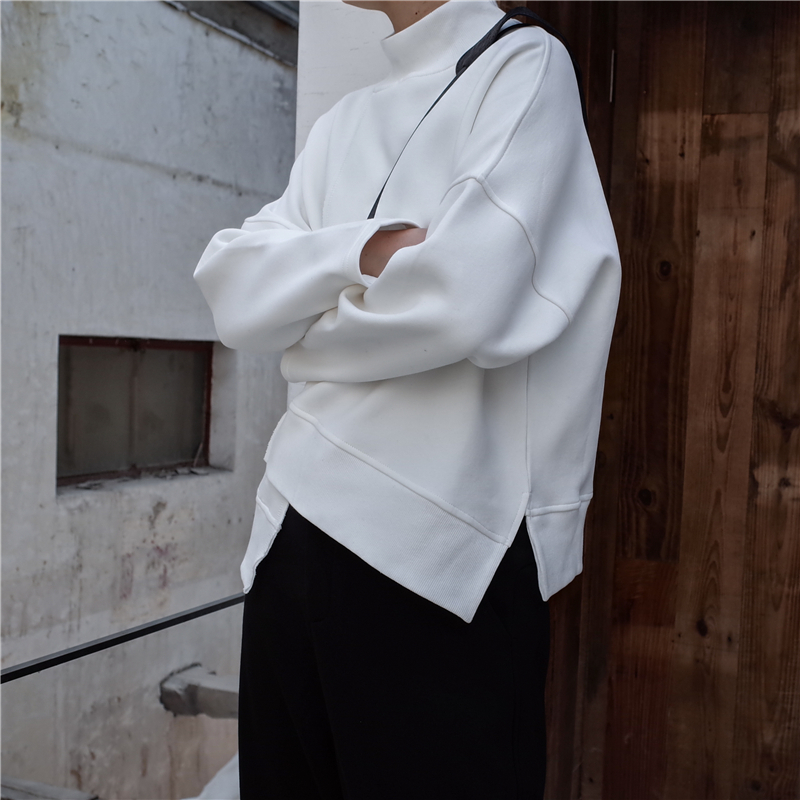 [EAM] New Spring High Collar Long Sleeve Black Loose Irregular Hem Large Size Sweatshirt Women Fashion Tide JK800 201212