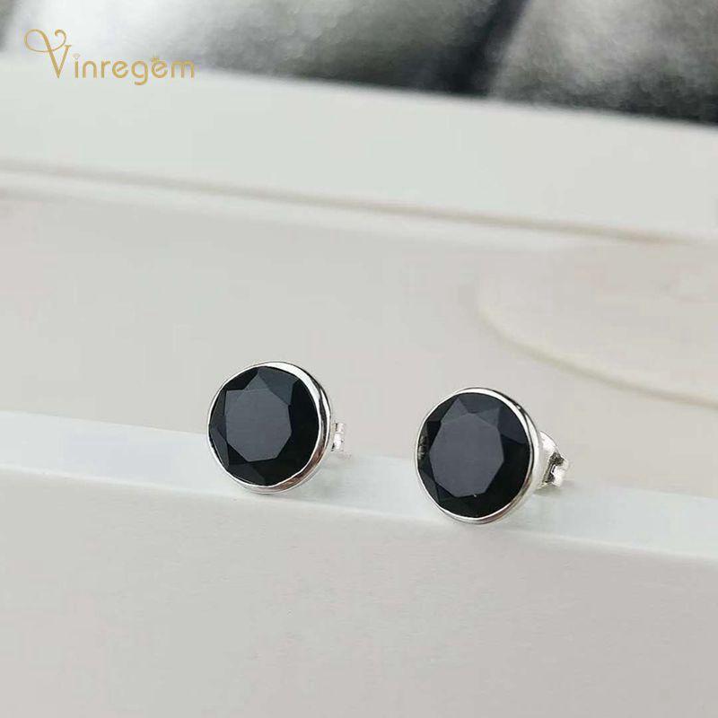 Stud Vinregem 100% 925 Sterling Silver Round Cut Black Agate Gemstone Birthday Party Women Personality Studs Earrings Fine Jewelry, Golden;silver 
Stud Vinregem 100% 925 Sterling Silver Round Cut Black Agate Gemstone Birthday Party Women Personality Studs Earrings Fine Jewelry, Golden;silver