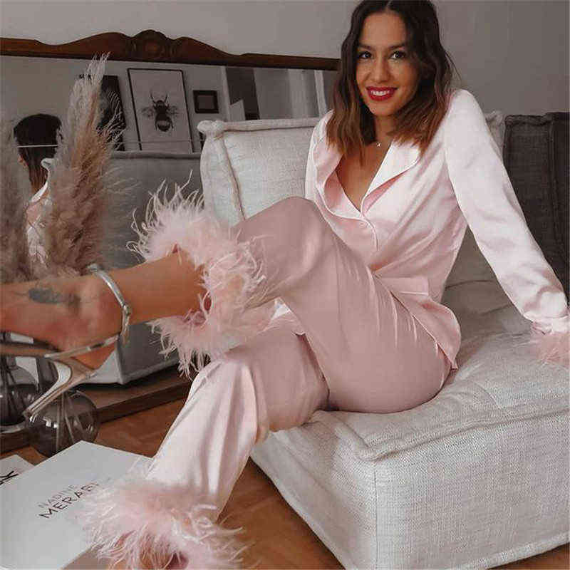 Trendy Women Pajamas Set Autumn Casual Lapel Tops + Feather Pants Suits Sexy Lingerie Nightwear Silk Satin Pyjamas pjs Suit 2Pcs X220214
