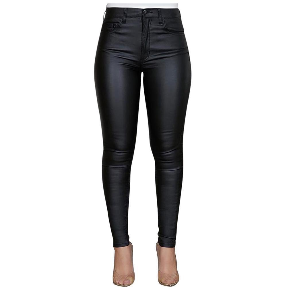 Women Hot Sexy Black Wine Wet Large Size High Waisted Buttoned Coated Pants Casual Stretch Trousers Slim Shiny PU Leather Pants 201113