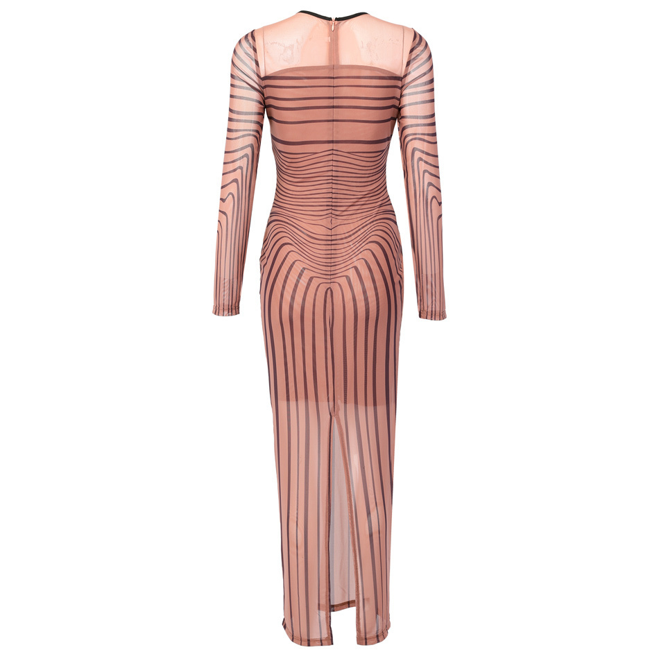 Mysterious Kim Kardashian Sinuous Stripe Print Sexy Dress Sheer Mesh Long Sleeve Back Slit Maxi Bodycon Dress For Women Vestidos LJ201204