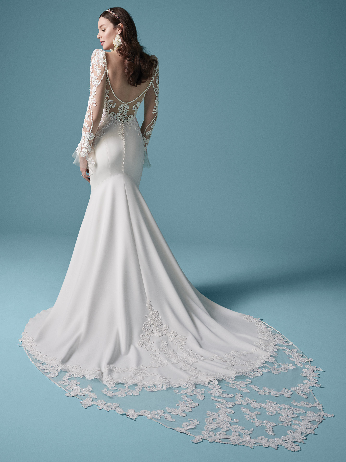 Beaded Charming Lace Mermaid Backless Wedding Dresses Deep V Neck Long Sleeves Bridal Gowns Plus Size Satin Robe De Mari E