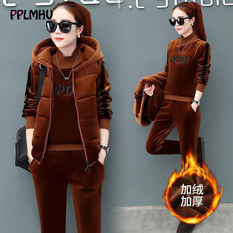 Plus size thicken zip vest sweatsuit tops pants 3 piece suit casual letter embroidery velvet tracksuit solid striped warm outfit 201119